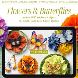 Adesivos digitais realistas, flores e borboletas, objetos PNG de clipart do criador de cenas, painel digital, planejador, diário, quadro de humor flatlay