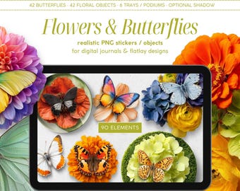 90 pegatinas digitales realistas de flores y mariposas, objetos PNG de Scene Creator, descarga digital