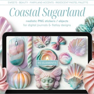 Adesivos digitais realistas, Sugarland costeiro, clipart para criação de cenas, objetos PNG, painel digital, planejador, diário, quadro de inspiração flatlay
