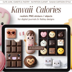 Stickers numériques réalistes, calories kawaii, cliparts créateur de scène, objets PNG, tableau de bord numérique, agenda, journal, tableau d'ambiance à plat