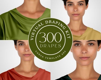 Pode incluir: Uma colagem de quatro imagens mostrando diferentes tops drapeados coloridos. Os tops são verde, amarelo, vermelho e verde escuro. Um círculo no centro da colagem diz "Virtual Draping Kit 300 Drapes Canva Template 945".