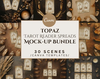 Paquete de 30 maquetas de tiradas de tarot, Topaz, plantillas de Canva, maqueta para lectores de tarot, diseño plano espiritual, uso comercial