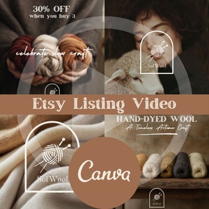 May include: An Etsy listing video featuring hand-dyed wool. The image showcases various bundles of yarn in shades of brown, beige, and cream. The text includes "30% OFF when you buy 3", "celebrate slow craft", "Sol Wool", and "Canva".