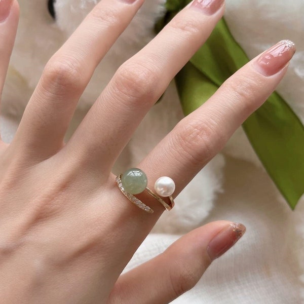 Natural Hetian Jade & Pearl Ring, Handmade Adjustable Band Beads Charm Ring Jewelry, Minimalist Ring Gift for Lover, Opened Green Jade Ring