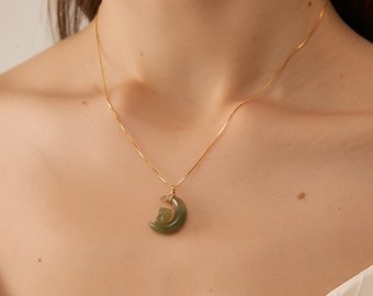 Dainty Hetian Natural Jade Pendant Necklace,  Handmade Cat Shape Necklace with Moon, Minimalist Jade Charm, Handmade Jade Gift for Lover