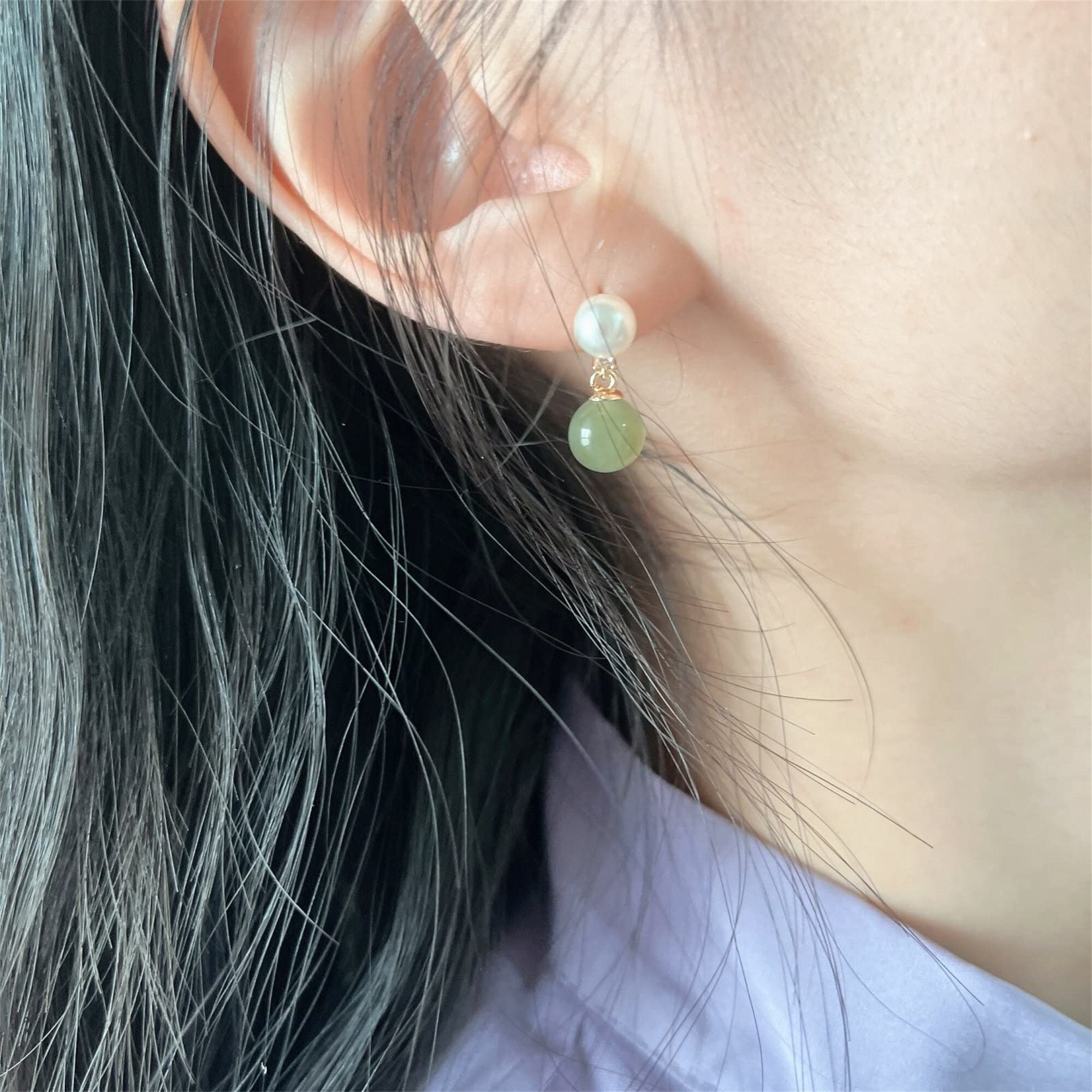 Titanium Stud Earrings Nephrite Jade Gemstone / 5mm Cabochon 