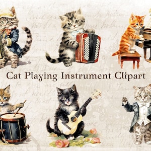 Chat jouant des Instruments de musique, 10 cliparts vintage, téléchargement numérique, chaton mignon, fichiers image, graphique PNG à usage commercial, piano