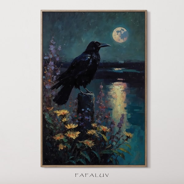 Black Crow Standing by the Lake with Moon, Raven, Gothic, Vintage, Digital Image Download, Instant download, Printable, Wall Art, Wall Decor