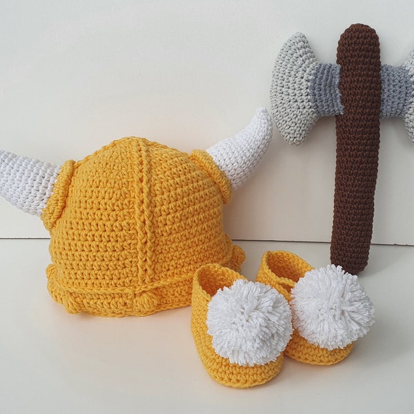 Crochet Viking Hat Booties Axe, Crochet Baby Viking Set, Newborn Viking Outfit, Yellow White Viking Baby Set, Handmade Baby Gift, Baby Photo