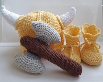 Conjunto de ganchillo para bebé vikingo: gorro, patucos y hacha - Conjunto para recién nacido