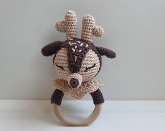 Crochet Deer Rattle: Handmade Cotton Baby Toy with Wooden Ring
