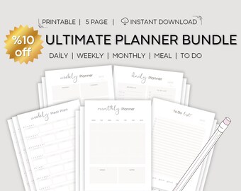 May include: A stack of white printable planner pages with the text "ULTIMATE PLANNER BUNDLE". The pages include daily, weekly, monthly, meal, and to-do lists. A pencil is placed next to the pages. A gold starburst graphic indicates a 10% discount.