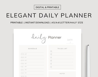 Elegant Daily Planner Printable, Hourly Schedule, To-Do List (Digital Download)