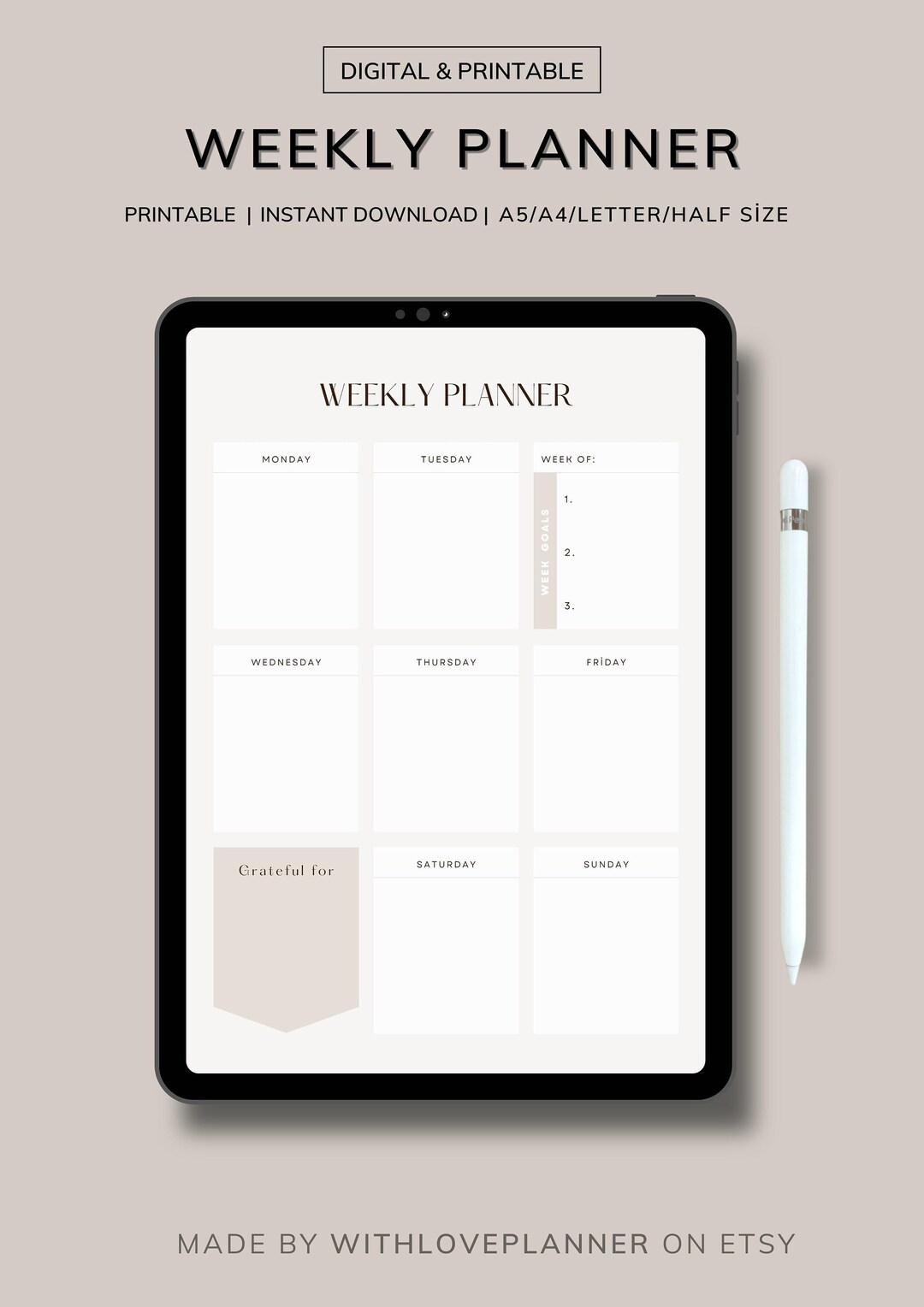 Weekly Planner Printable | To-do List, A4 A5 Letter Half (digital ...