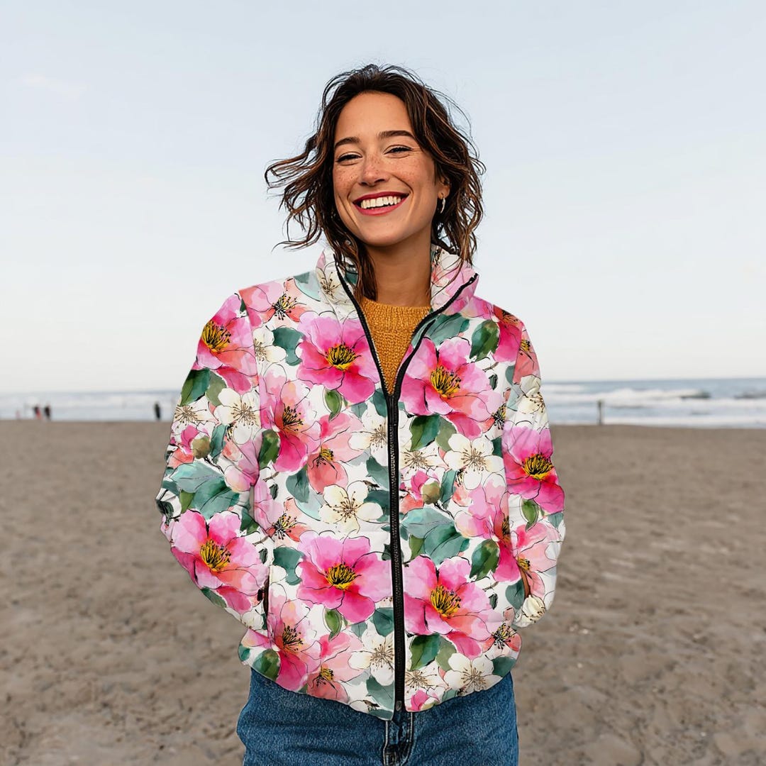 Pink Floral Puffer Jacket - Etsy