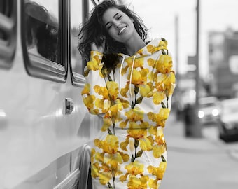 Yellow Iris Floral Hoodie Dress, Hooded Dress | Spring Casual Party Wear