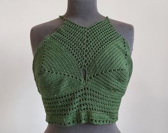 Crochet Halter Crop Top in green - Intricate design, backless, halterneck