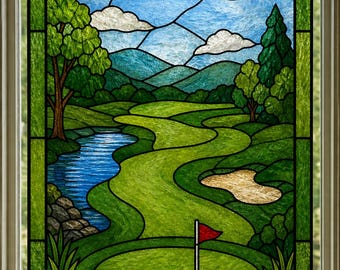 Golf Course Stained Glass Suncatcher, Scenic Landscape Window Hanging (Digital Download)