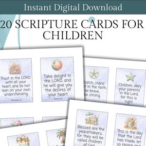 20 Children Scripture Cards, Bible Study Affirmation Cards,  Printable Kids Bible Affirmation Cards, Devotionals for Kids, Digital Download