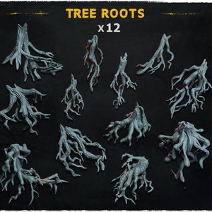 Op de afbeelding: Twaalf gedetailleerde boomwortelmodellen, perfect voor tabletop gaming of miniaturen. Elk wortelstelsel is uniek en ingewikkeld gebeeldhouwd, wat een realistische touch aan elk project toevoegt.