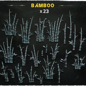 Könnte beinhalten: Ein Set mit 23 grauen Plastikmodellen von Bambuspflanzen. Die Modelle sind in verschiedenen Größen und Formen angeordnet, einige mit Blättern, andere ohne. Der Text "BAMBOO x 23" ist in Gelb auf schwarzem Hintergrund gedruckt.