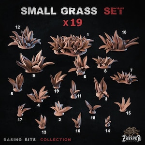 May include: A set of 19 small brown grass tufts for miniature gaming bases. The grass tufts are arranged in a grid pattern with numbers 1 through 19 labelling each tuft. The text "SMALL GRASS SET x19" is at the top of the image. The text "BASING BITS COLLECTION" is at the bottom of the image.