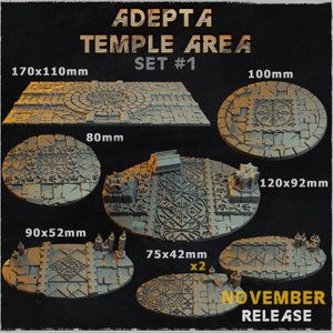 Op de afbeelding: Een set van 9 resin tempel area bases voor miniature wargaming. De set bevat bases in verschillende maten, waaronder 170x110mm, 120x92mm, 100mm, 90x52mm, 80mm en twee 75x42mm bases. De bases hebben een steenachtige textuur met ingewikkelde ontwerpen.