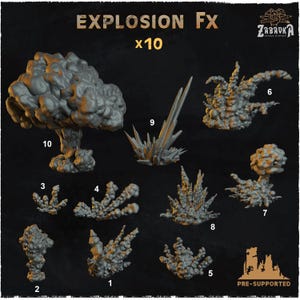 Puede incluir: Colección de diez modelos grises de efectos de explosión, numerados del 1 al 10, con diversas formas y tamaños. El texto "EXPLOSION FX x10" está en la parte superior. Los modelos están pre-soportados y son para juegos de miniaturas o modelismo.