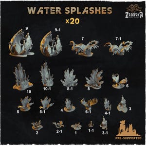 Puede incluir: Una colección de 20 miniaturas de salpicaduras de agua, numeradas y etiquetadas, de varias formas y tamaños. El texto "WATER SPLASHES x20" está en la parte superior. Las miniaturas son pre-soportadas y para juegos de mesa o modelismo.