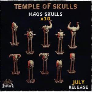 Haos Skulls Basing Bits &quot;Temple of Skulls&quot; Set de impresión 3D (10 piezas) para miniaturas de 32 mm | Decoración de terrenos para mesa, dioramas y wargaming.