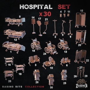 May include: A set of miniature hospital models, including beds, wheelchairs, and medical equipment. The collection features patient beds, gurneys, and examination room dividers. The models are in a bronze colour and are arranged on a dark background.