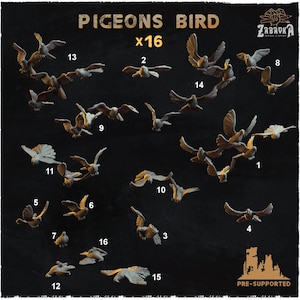 Könnte beinhalten: Eine Sammlung von 16 Miniatur-Taubenfiguren in verschiedenen Flugpositionen. Die Vögel sind in gedämpften Grautönen gehalten, mit detaillierten Flügeln und Federstrukturen. Der Text "PIGEONS BIRD x16" steht oben, "PRE-SUPPORTED" unten.