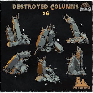 May include: Six gray, pre-supported, destroyed columns for tabletop gaming. Each column is broken and features exposed rebar and rope detailing. The text "DESTROYED COLUMNS x6" is at the top. The Zabavka logo is in the upper right corner.