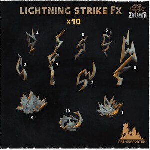 May include: A set of ten grey and white lightning strike effects, each with a unique shape. The image includes the text "LIGHTNING STRIKE FX x10". The effects are designed with sharp angles and dynamic forms.