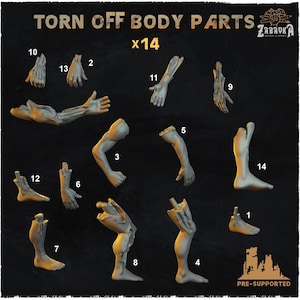 Könnte beinhalten: Eine Sammlung von 14 vorgestützten, grau gefärbten, 3D-gedruckten Körperteilen, darunter Arme, Hände und Beine. Der Text "TORN OFF BODY PARTS x14" wird oben im Bild angezeigt. Das Zabavka-Logo befindet sich oben rechts.