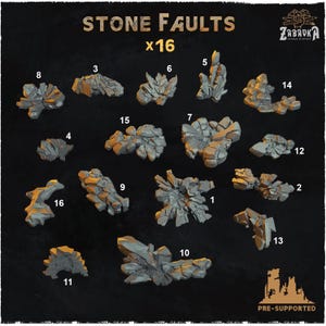 May include: Sixteen grey stone fault models are displayed, each numbered and set against a dark backdrop. The text "STONE FAULTS x16" is visible. The models, of varying sizes and shapes, are designed for tabletop gaming or model building.