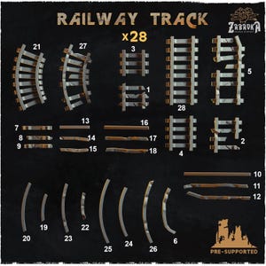 Könnte beinhalten: Eine Sammlung von Miniatur-Eisenbahnschienen, darunter gerade Abschnitte, gebogene Schienen und Gleisabschnitte. Das Bild zeigt verschiedene Gleiskomponenten, mit dem Text "RAILWAY TRACK x28" oben. Die Teile bestehen aus hellbraunem Material.
