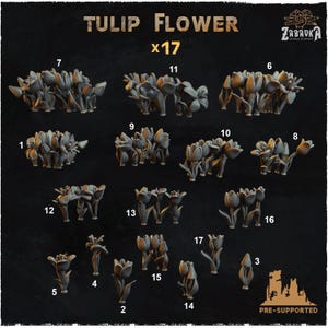Può includere: Una collezione di 17 modelli di fiori di tulipano, pre-supportati per la stampa 3D. L'immagine mostra varie disposizioni dei fiori di tulipano, numerati da 1 a 17. Il testo "TULIP FLOWER x17" è in alto.