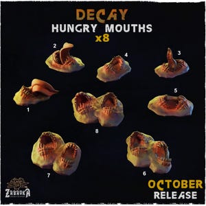 Könnte beinhalten: Auf dunklem Hintergrund sind acht groteske Skulpturen von offenen Mündern abgebildet, nummeriert von 1 bis 8. Der Text lautet "DECAY HUNGRY MOUTHS x8" oben und "OCTOBER RELEASE" unten. Das Logo der Zabavka Werkstatt befindet sich unten links.