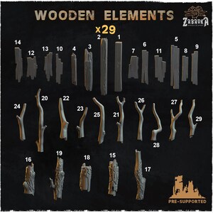 Può includere: Un assortimento di 29 elementi in legno, tra cui assi e rami, per l'artigianato o la costruzione di modelli. L'immagine presenta varie dimensioni e forme di pezzi di legno, con il testo "WOODEN ELEMENTS x29" in alto.