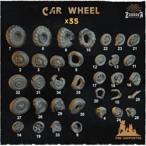 Puede incluir: Una colección de 35 modelos de ruedas de coche en varios diseños. Las ruedas son grises y parecen estar impresas en 3D. El texto "CAR WHEEL x35" está en la parte superior. La imagen también incluye el texto "ZABAVKA WORK SHOP" y "PRE-SUPPORTED".