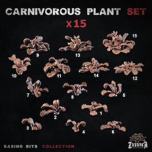 Könnte beinhalten: Ein Set mit 15 braunen, aus Kunststoff gefertigten Miniaturen von fleischfressenden Pflanzen für Tabletop-Spiele. Die Pflanzen sind in verschiedenen Posen und Größen, einige haben einen offenen Mund, andere einen geschlossenen. Das Set ist mit "Carnivorous Plant Set x15" und "Basing Bits Collection" beschriftet.