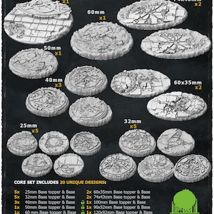 Könnte beinhalten: Ein Set mit 20 einzigartigen Basistoppern und Basen zum Beschwören von Dämonen für Miniaturen-Wargaming. Das Set umfasst eine Vielzahl von Größen, von 25 mm bis 170x110 mm. Die Basen sind aus strapazierfähigem, hochwertigem Harz gefertigt und für einen einfachen Druck vorab unterstützt.