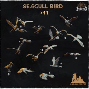 Könnte beinhalten: Elf Möwenfiguren in verschiedenen Posen, einige im Flug. Der Text "SEAGULL BIRD x11" ist oben zu sehen. Die Figuren sind in Weiß- und Brauntönen gehalten, vor einem dunklen Hintergrund.
