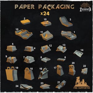 Könnte beinhalten: Eine Auswahl von 24 Papierverpackungsmodellen in verschiedenen Formen und Größen, darunter Schachteln, Tabletts und Tüten. Die Modelle sind in einer neutralen Farbe gehalten, mit dem Text "PAPER PACKAGING x24" oben. Der Text "PRE-SUPPORTED" ist ebenfalls enthalten.