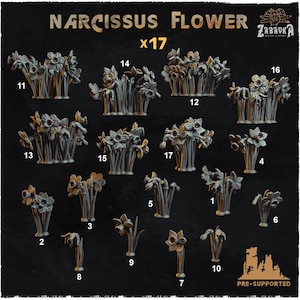 Può includere: Una collezione di 17 modelli di fiori di Narciso grigi e pre-supportati. L'immagine mostra varie disposizioni dei fiori, tra cui steli singoli e bouquet raggruppati. Il testo "NARCISSUS FLOWER x17" è in alto.
