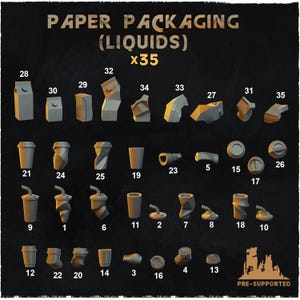 Könnte beinhalten: Illustration von 35 verschiedenen Papierverpackungsdesigns für Flüssigkeiten, darunter Kartons, Becher und Flaschen. Der Text "PAPER PACKAGING (LIQUIDS) x35" steht oben. Die Designs sind nummeriert und mit "PRE-SUPPORTED" gekennzeichnet.