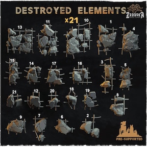 Op de afbeelding: Een verzameling van 21 grijze, voorgeprepareerde, vernietigde elementen, waaronder rotsen en puin, met de tekst "DESTROYED ELEMENTS" en "ZABAVKA". Elk element is genummerd.