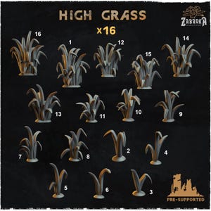 3D-utskrivet set med basbitar av höga gräsblad (16 delar) för 32 mm miniatyrer | Realistisk terrängdekoration för bordsspel, dioramor och krigsspel
