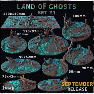 Op de afbeelding: Een set van 7 miniaturen van resin terrein bases voor tabletop gaming. De bases hebben een moerassig, overgroeid thema met gebarsten aarde, wortels en gloeiend blauw water. De bases zijn in verschillende maten, variërend van 60 mm tot 170 mm.